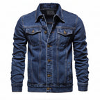 Front view of men’s blue hooded denim jacket with slim fit streetwear style