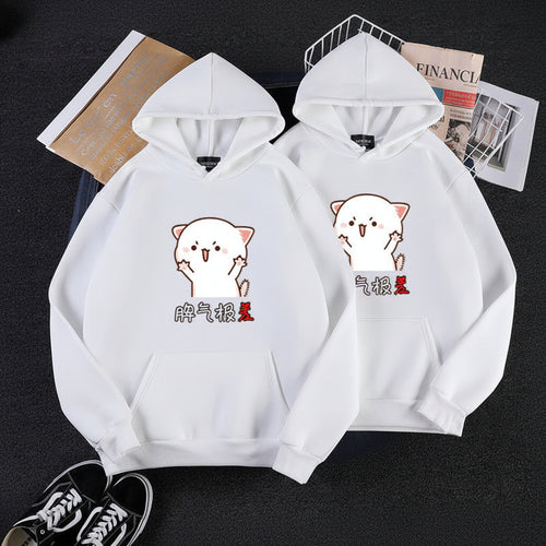 Front view of couple Korean loose fit hoodie sweater with printed letter streetwear design