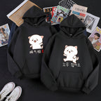 Front view of couple Korean loose fit hoodie sweater with printed letter streetwear design