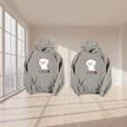 Front view of couple Korean loose fit hoodie sweater with printed letter streetwear design