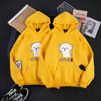 Front view of couple Korean loose fit hoodie sweater with printed letter streetwear design