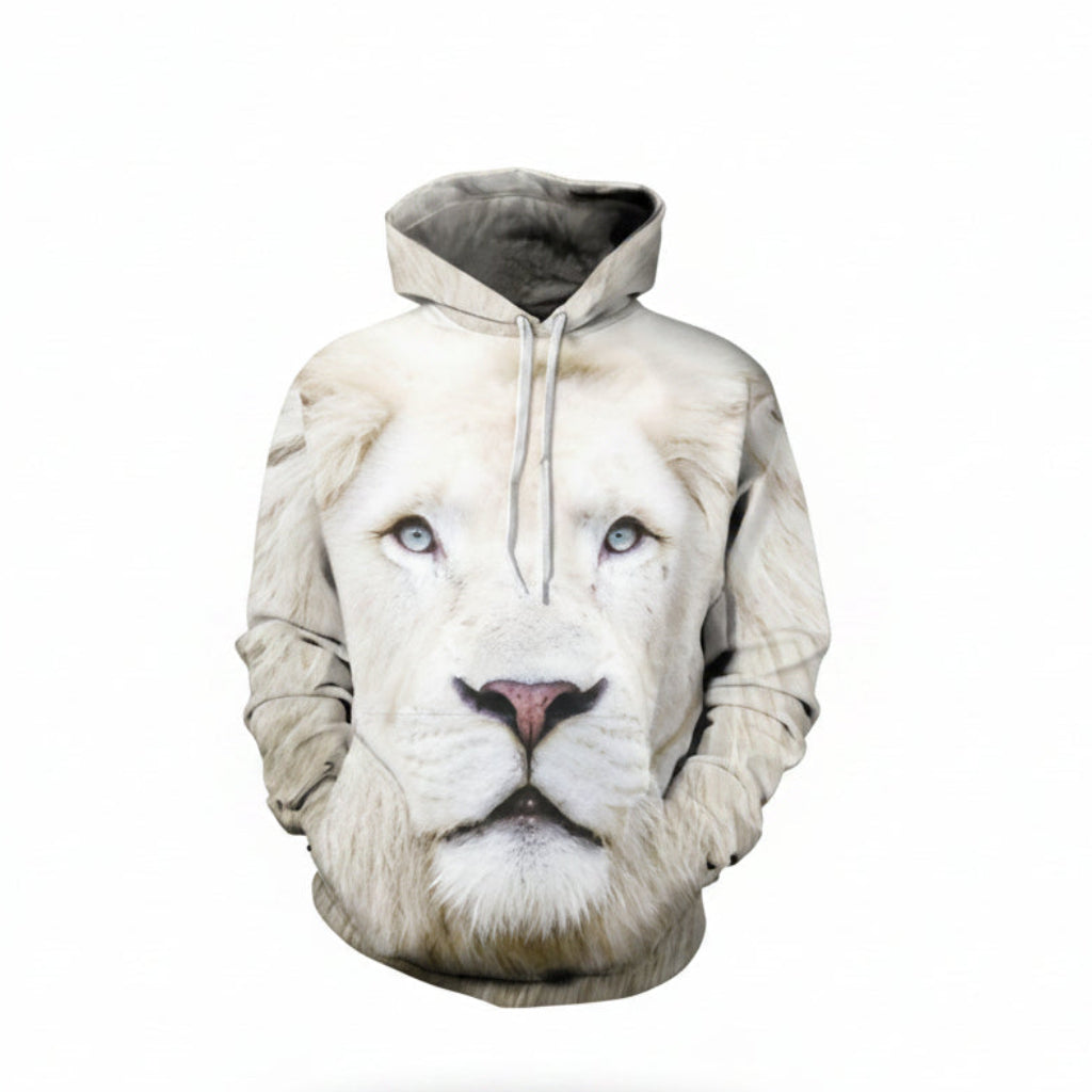 Front view of men’s 3D white lion hooded sweater designed for autumn winter streetwear fashion