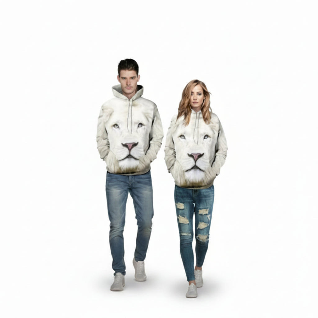 Front view of men’s 3D white lion hooded sweater designed for autumn winter streetwear fashion