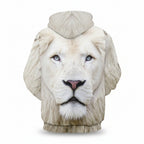 Front view of men’s 3D white lion hooded sweater designed for autumn winter streetwear fashion