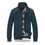 Front view of men’s autumn fashion jacket with stand-up collar and slim fit design