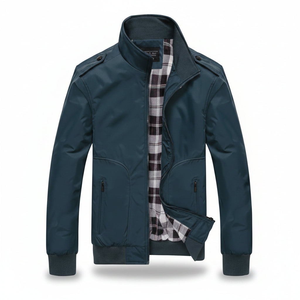 Front view of men’s autumn fashion jacket with stand-up collar and slim fit design