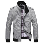 Front view of men’s autumn fashion jacket with stand-up collar and slim fit design