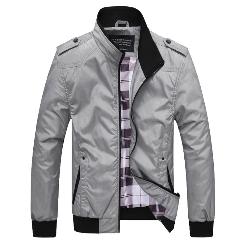 Front view of men’s autumn fashion jacket with stand-up collar and slim fit design
