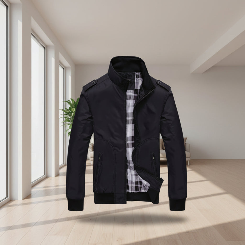 Front view of men’s autumn fashion jacket with stand-up collar and slim fit design