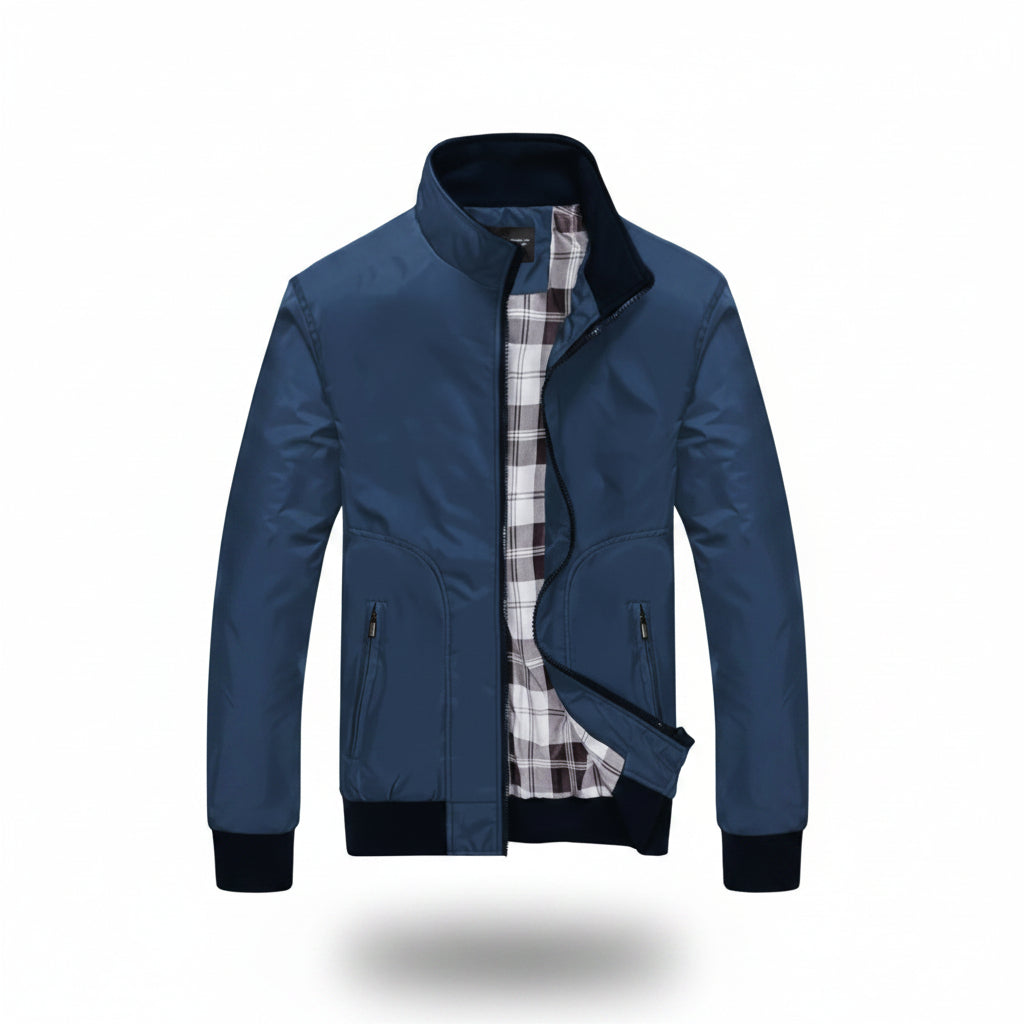 Front view of men’s autumn fashion jacket with stand-up collar and slim fit design