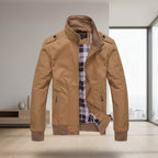 Front view of men’s autumn fashion jacket with stand-up collar and slim fit design