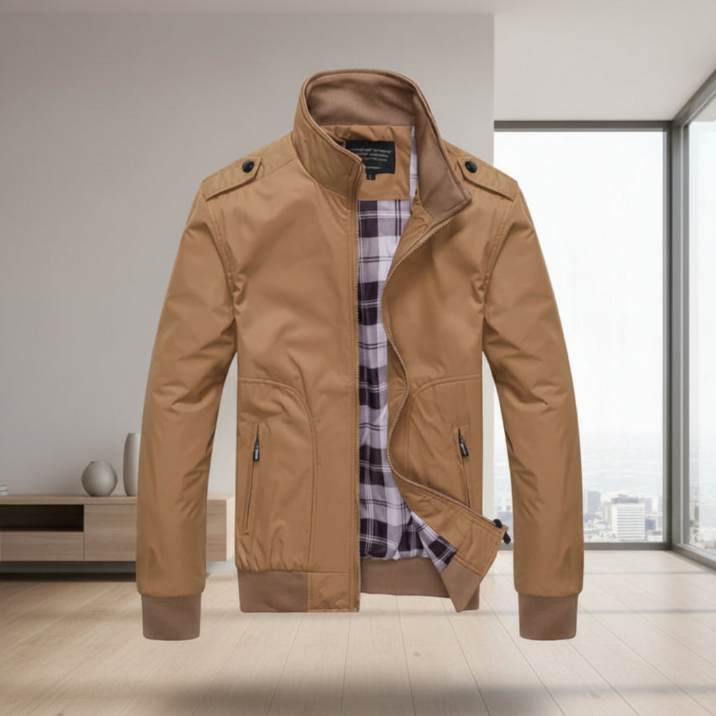Front view of men’s autumn fashion jacket with stand-up collar and slim fit design