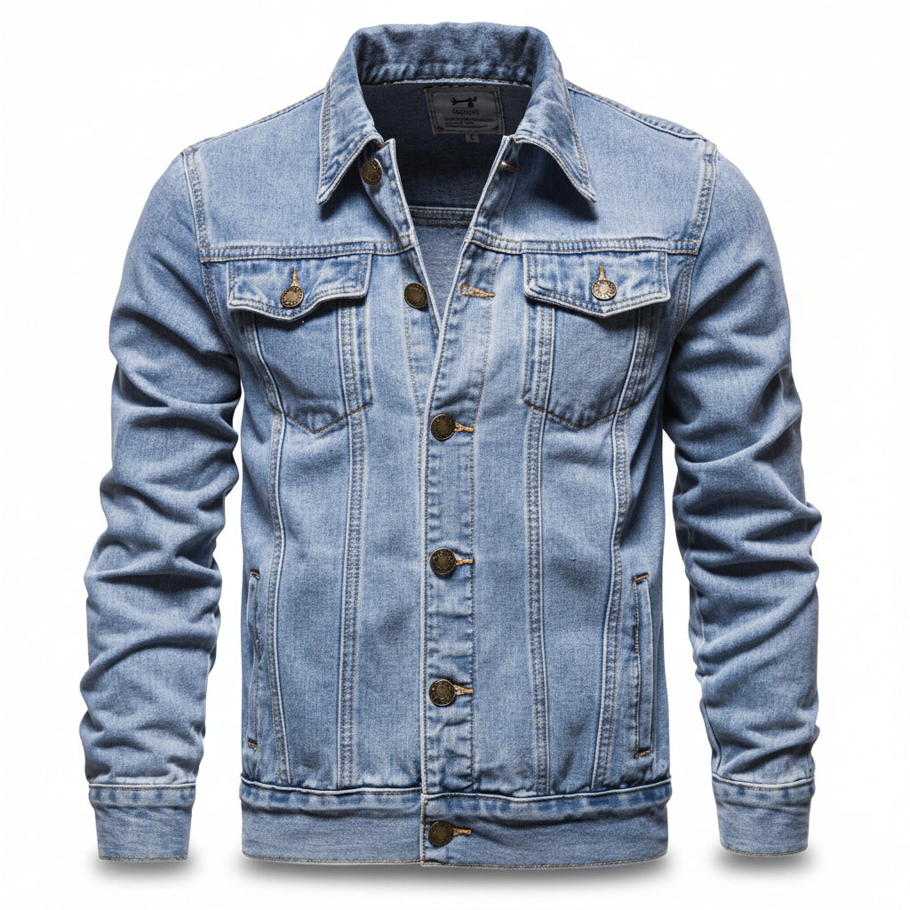 Front view of men’s blue hooded denim jacket with slim fit streetwear style