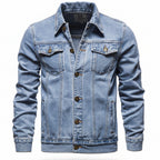 Front view of men’s blue hooded denim jacket with slim fit streetwear style