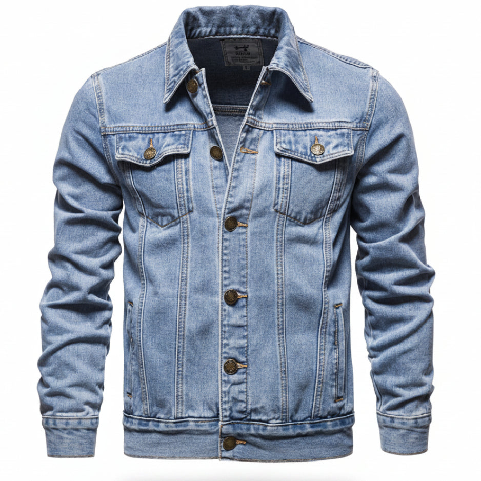 Front view of men’s blue hooded denim jacket with slim fit streetwear style