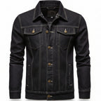 Front view of men’s blue hooded denim jacket with slim fit streetwear style