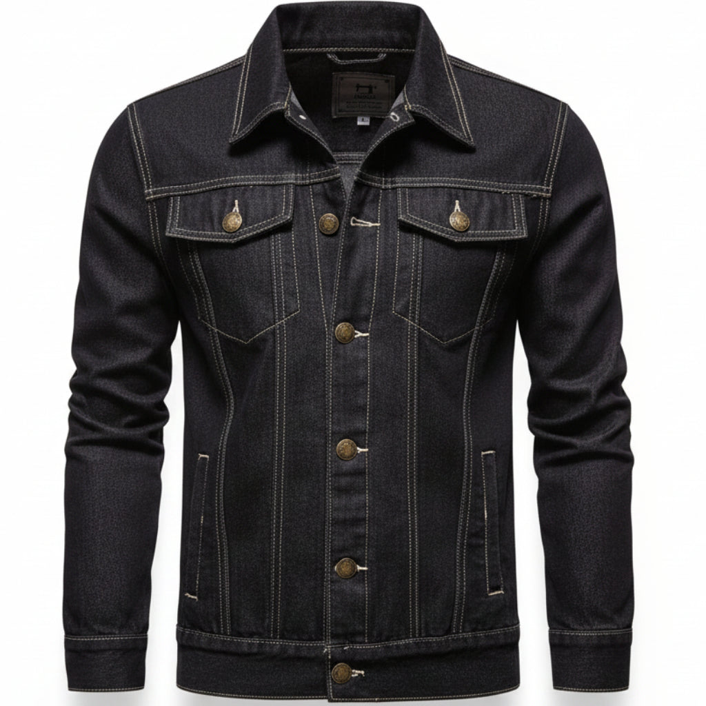 Front view of men’s blue hooded denim jacket with slim fit streetwear style