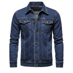 Front view of men’s blue hooded denim jacket with slim fit streetwear style
