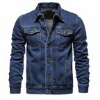 Front view of men’s blue hooded denim jacket with slim fit streetwear style
