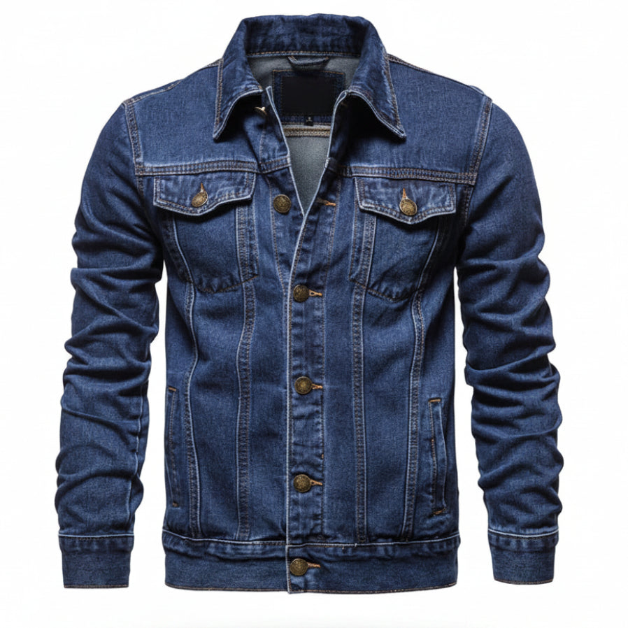 Front view of men’s blue hooded denim jacket with slim fit streetwear style
