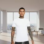 Front view of men’s 3-pack crewneck T-shirts in black and white striped casual style