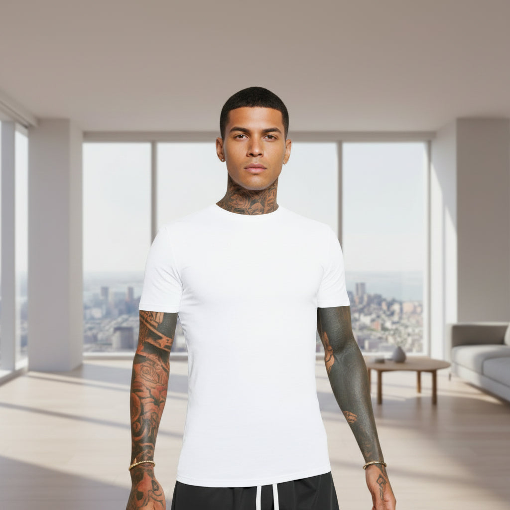 Front view of men’s 3-pack crewneck T-shirts in black and white striped casual style