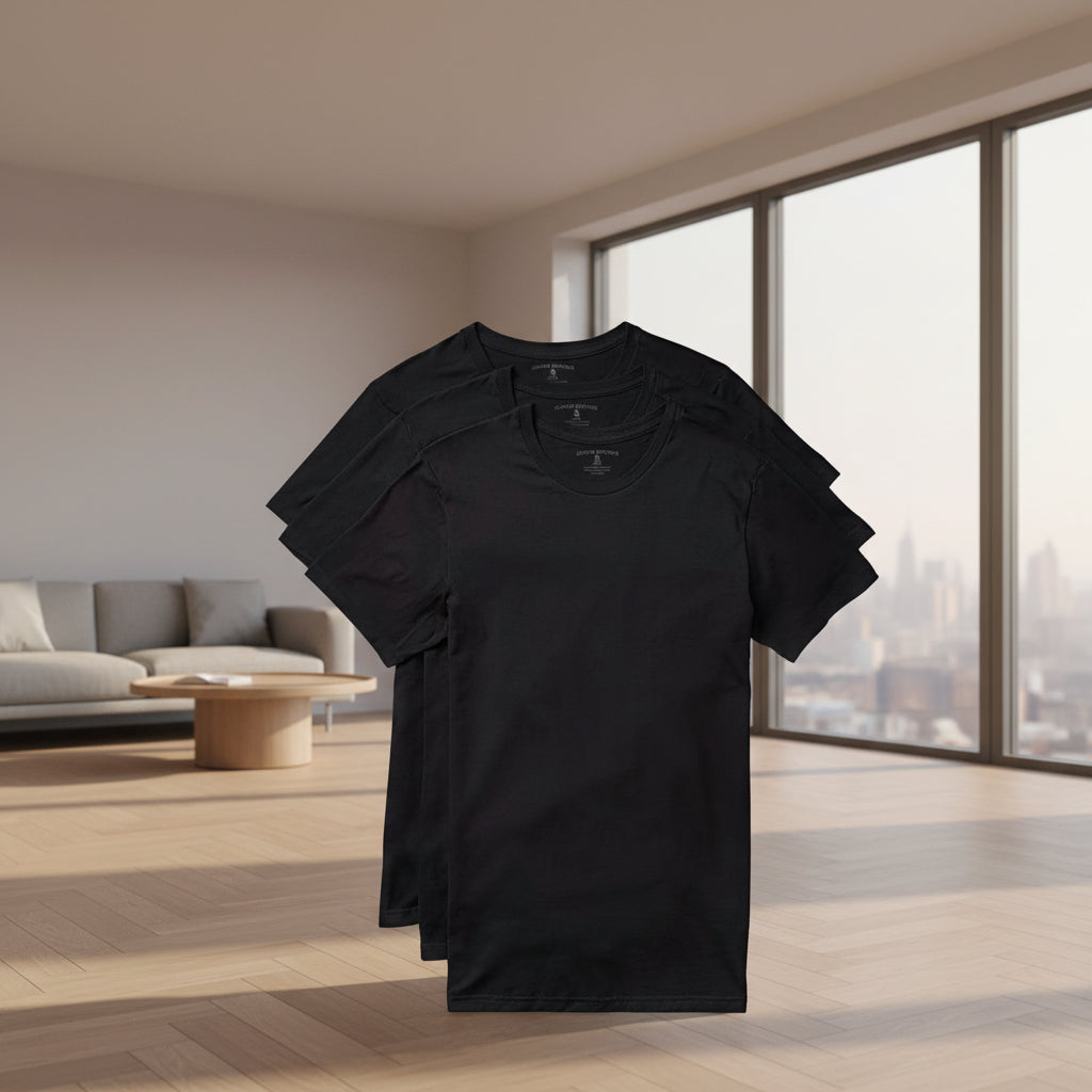 Front view of men’s 3-pack crewneck T-shirts in black and white striped casual style