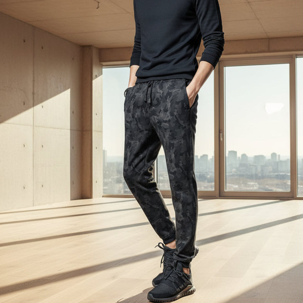 Side view of men’s slim fit jogger pants showing urban hip hop style design