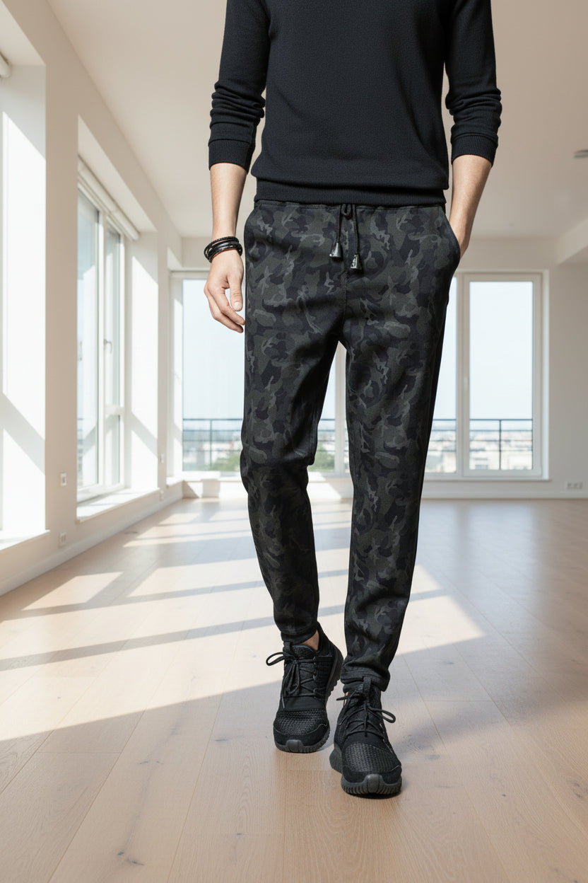 Side view of men’s slim fit jogger pants showing urban hip hop style design