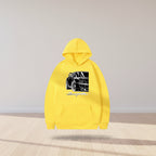 Front view of men’s printed hooded sweater with loose fit pullover streetwear design