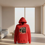 Front view of men’s printed hooded sweater with loose fit pullover streetwear design