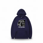 Front view of men’s printed hooded sweater with loose fit pullover streetwear design