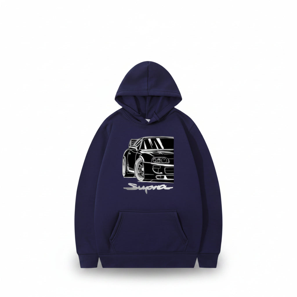 Front view of men’s printed hooded sweater with loose fit pullover streetwear design