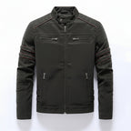 Front view of men’s PU leather jacket coat with slim fit streetwear design