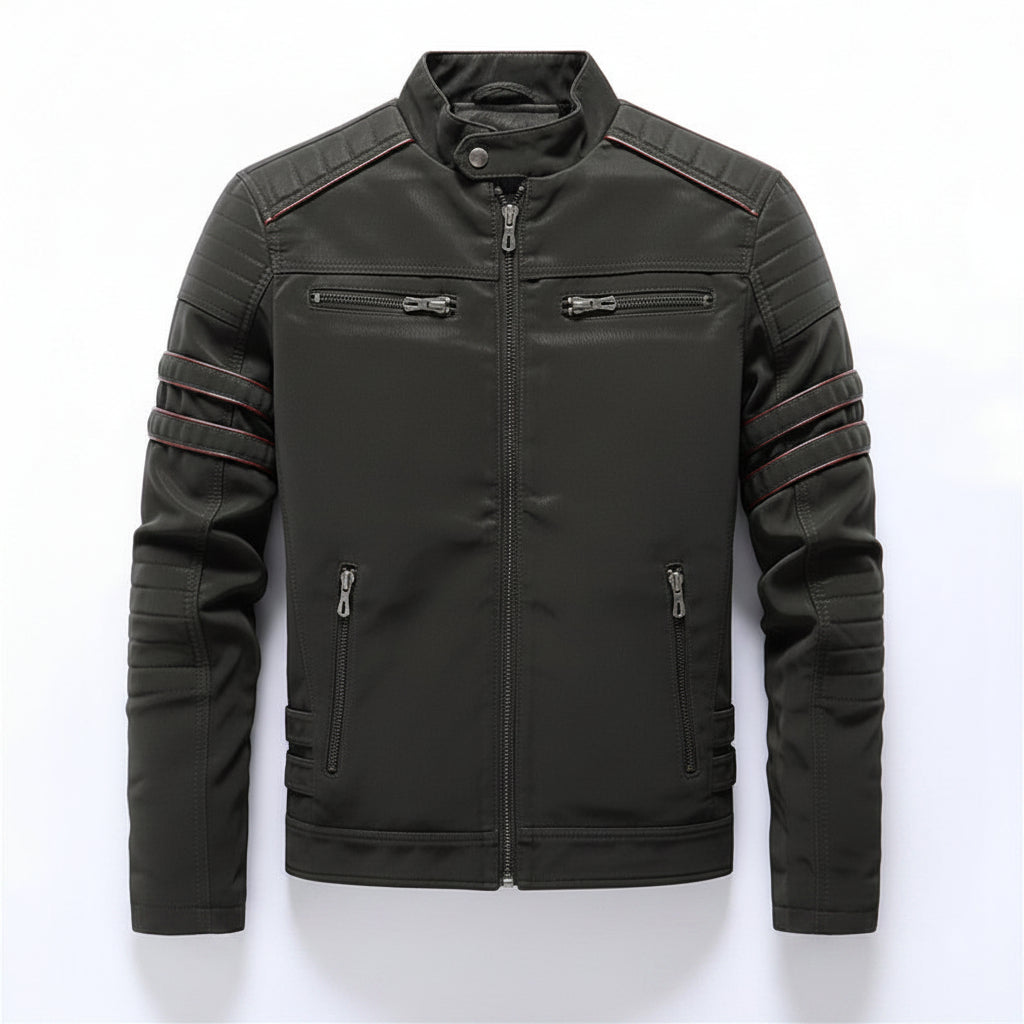 Front view of men’s PU leather jacket coat with slim fit streetwear design