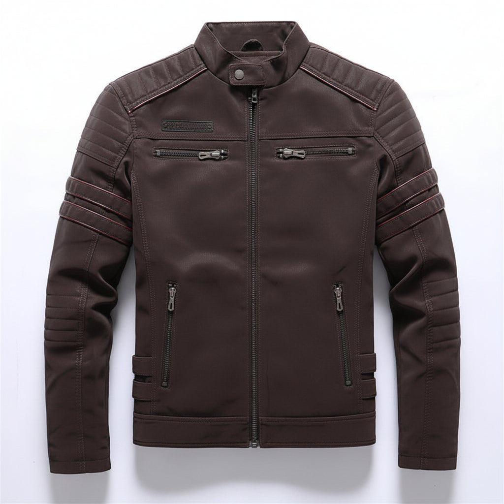 Front view of men’s PU leather jacket coat with slim fit streetwear design