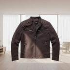 Front view of men’s PU leather jacket coat with slim fit streetwear design