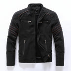 Front view of men’s PU leather jacket coat with slim fit streetwear design