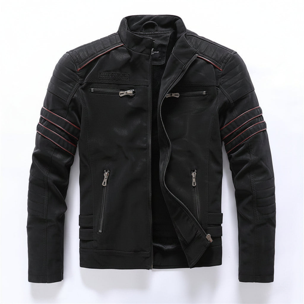 Front view of men’s PU leather jacket coat with slim fit streetwear design