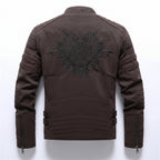 Front view of men’s PU leather jacket coat with slim fit streetwear design