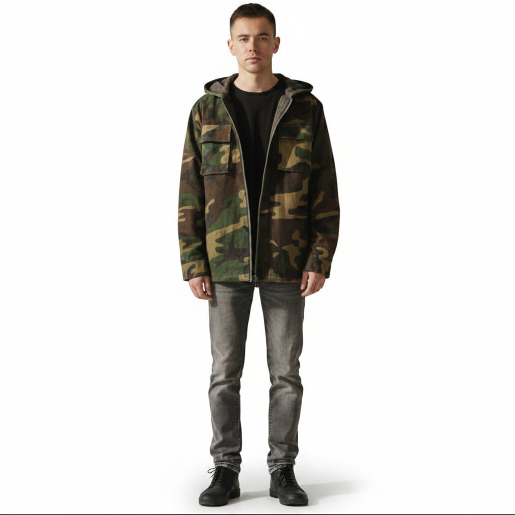 Front view of men’s quilted hooded jacket designed for warm winter streetwear style