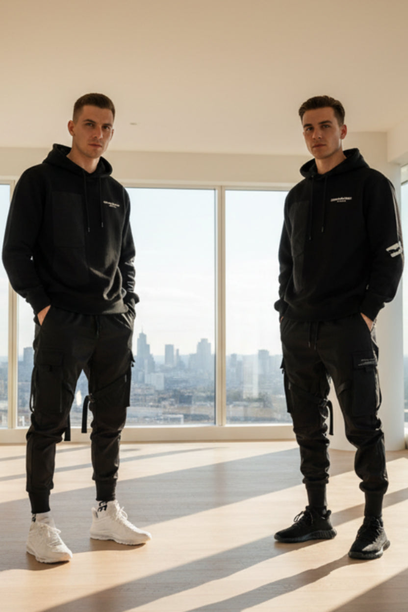 Front view of men’s ribbon harem cargo joggers with elastic waist and streetwear style