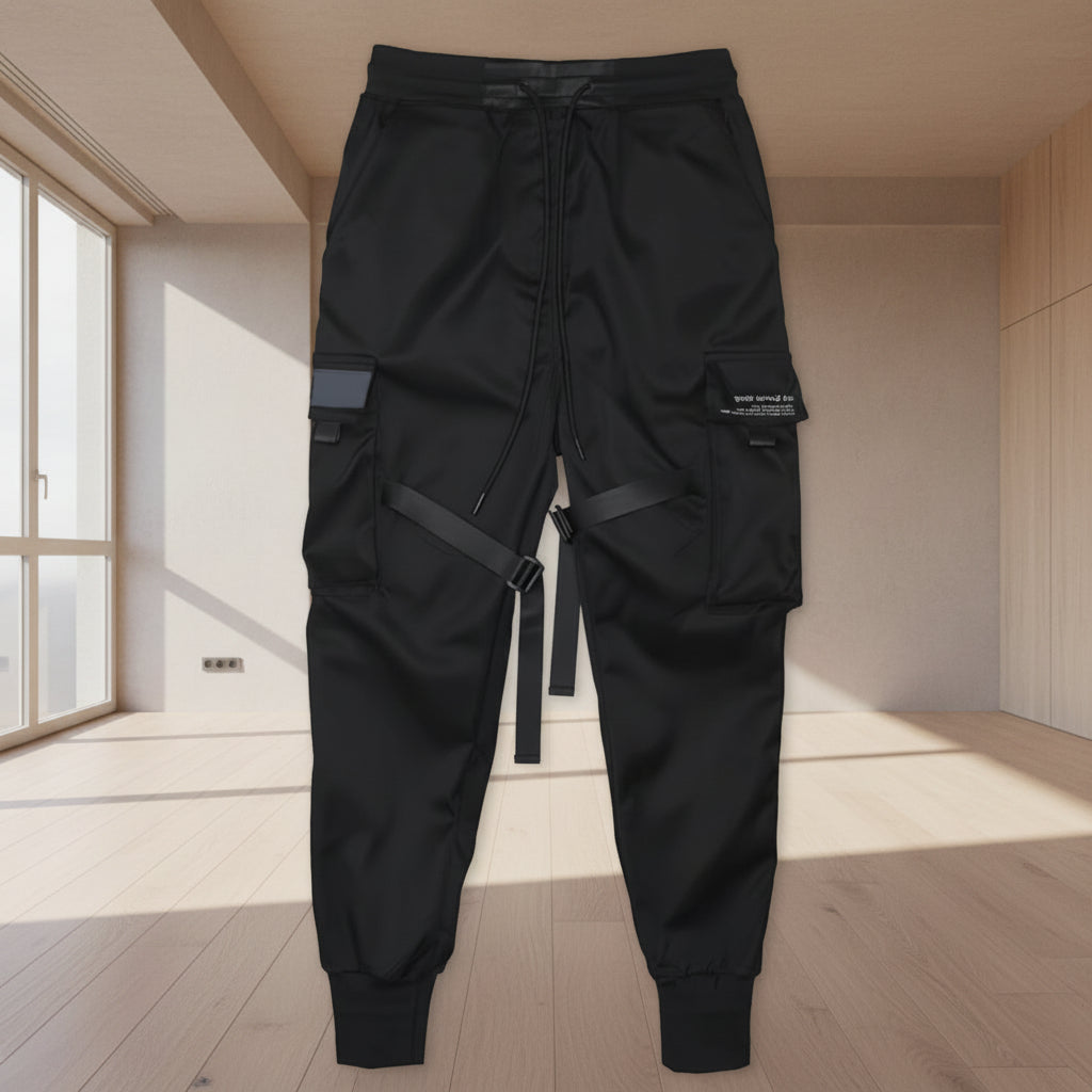 Front view of men’s ribbon harem cargo joggers with elastic waist and streetwear style