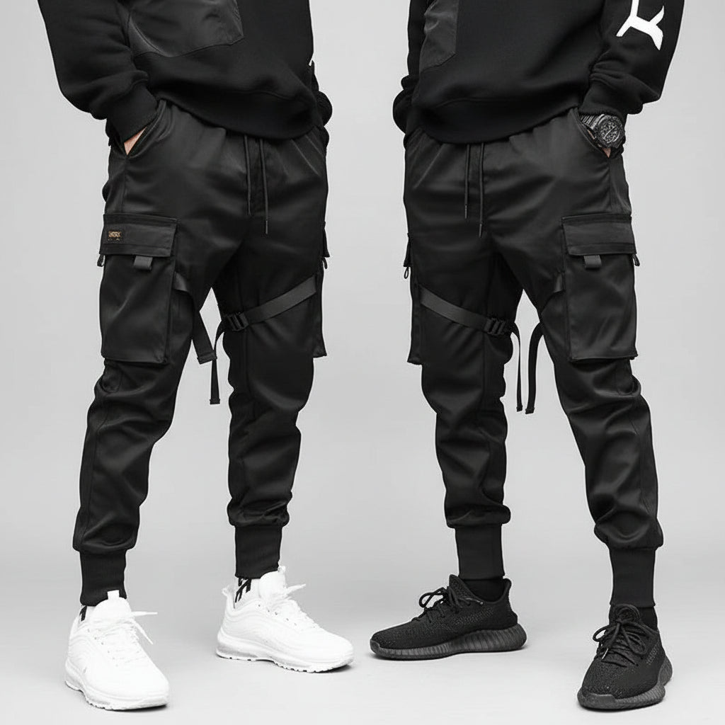 Front view of men’s ribbon harem cargo joggers with elastic waist and streetwear style