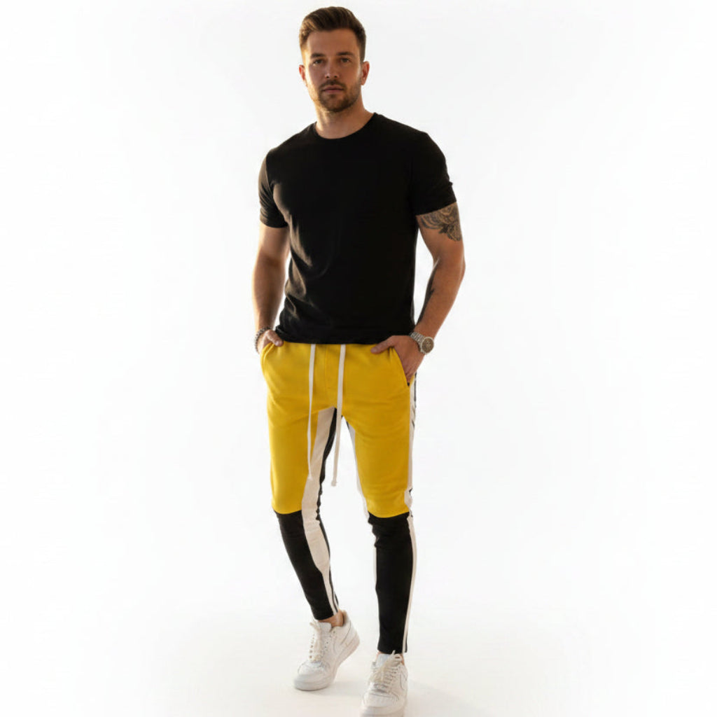 Front view of men’s skinny streetwear denim jeans with loose fit modern design