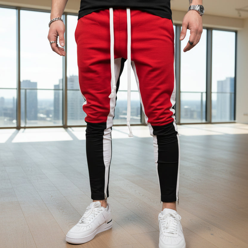 Front view of men’s skinny streetwear denim jeans with loose fit modern design