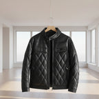 Front view of men’s thick PU leather jacket with fleece lining for winter casual wear
