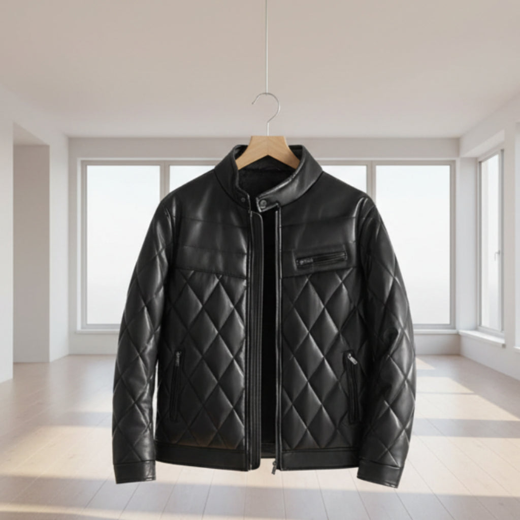 Front view of men’s thick PU leather jacket with fleece lining for winter casual wear