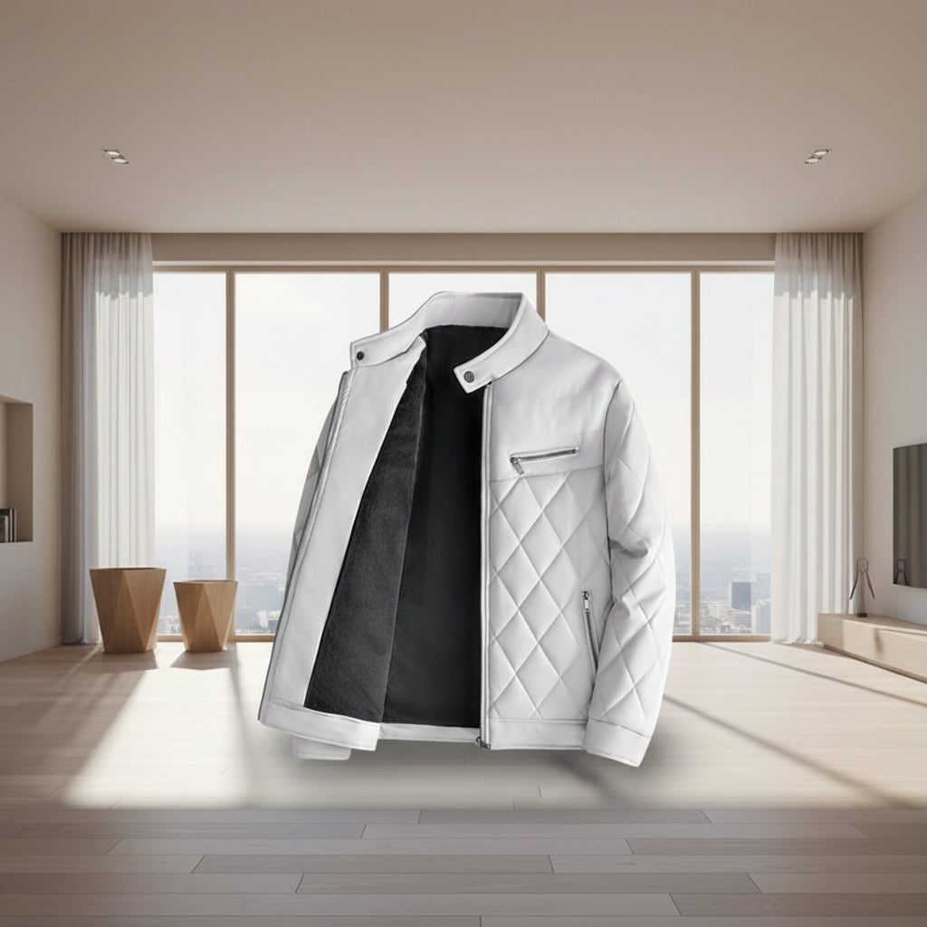 Front view of men’s thick PU leather jacket with fleece lining for winter casual wear