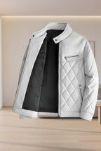 Front view of men’s thick PU leather jacket with fleece lining for winter casual wear